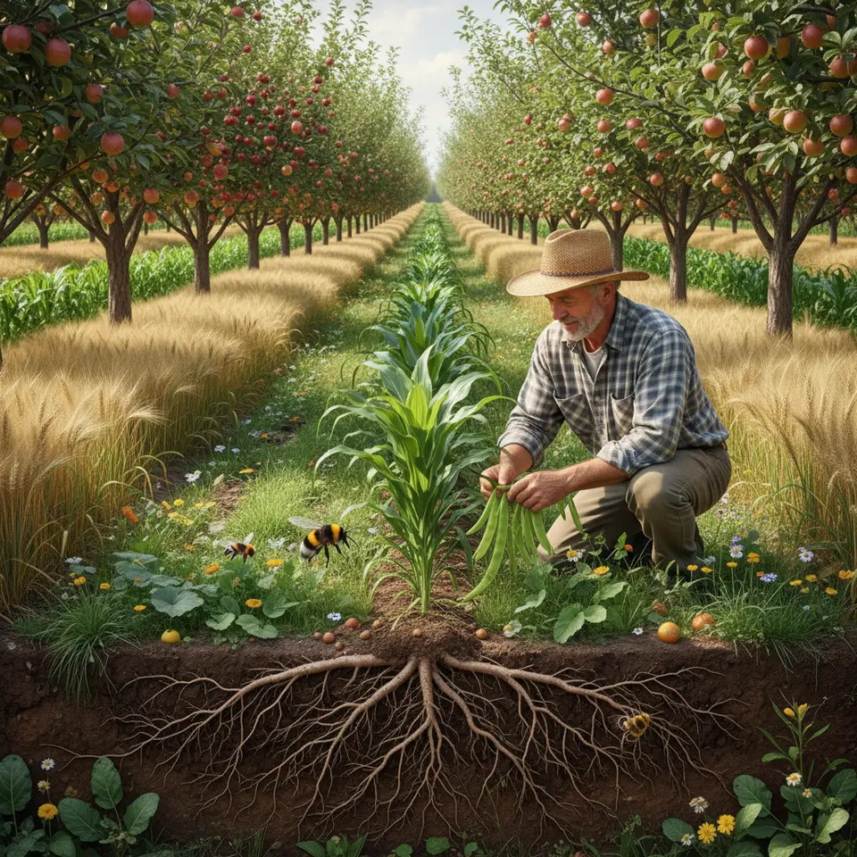 A sunlit agroforestry landscape showing neat rows of fruit and nut trees interplanted with cereals and vegetables, dappled light under a green canopy, deep tree roots cycling nutrients in cross-section, wild pollinators buzzing around, and a farmer inspecting the mixed-use field