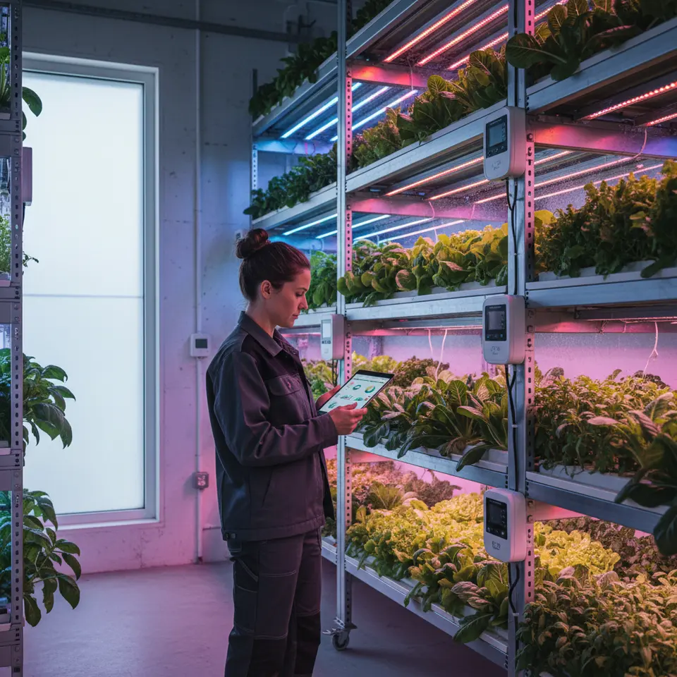 A futuristic indoor vertical farm interior with multi-tiered racks of leafy greens and herbs bathed in colorful LED lighting, hydroponic and aeroponic channels recirculating nutrient solutions, climate sensors on the walls, and a technician using a tablet to monitor plant health
