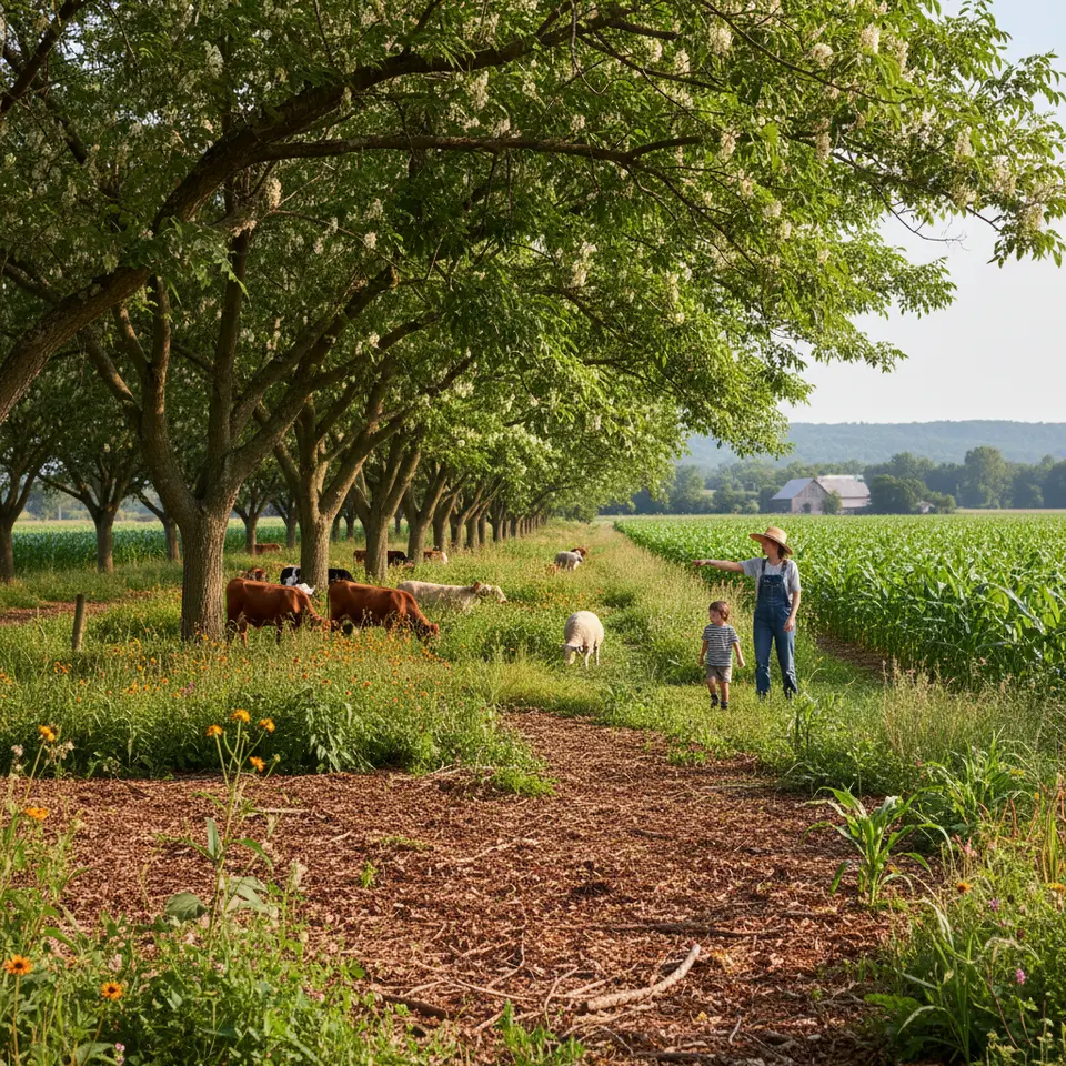 A modern agroforestry landscape showing alley cropping and silvopasture: rows of nitrogen-fixing trees (like black locust) alternating with annual crops, livestock grazing under the tree canopy, visible leaf litter adding organic matter, and a mix of native understory plants drawing in birds and beneficial insects.