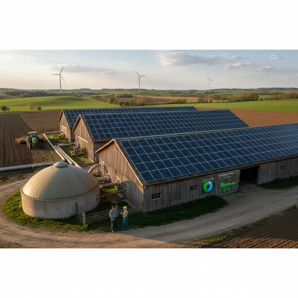 A sustainable farm powered by a hybrid renewable-energy microgrid: solar panels mounted on barn roofs, small wind turbines in the distance, a biogas digester processing livestock manure into methane, piping returning nutrient-rich digestate to adjacent fields, and a digital dashboard displaying energy production and farm metrics.