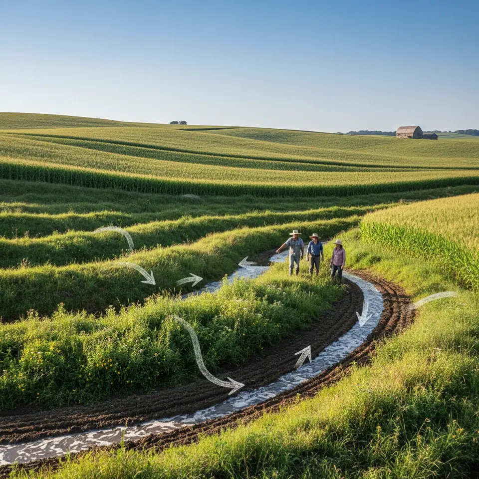 Contour Farming and Swales: A rolling hillside farm where crop rows follow natural land contours, interspersed with shallow, vegetated swales acting like sponges—show arrows of runoff water slowing, seeping into the soil, and reducing erosion.