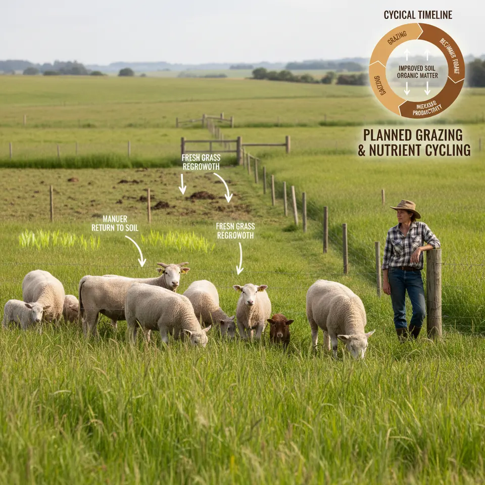 Planned Grazing and Nutrient Cycling: A subdivided pasture with sheep and cattle rotating through paddocks in sequence, visual arrows showing manure return to soil, fresh grass regrowth, and a cyclical timeline illustrating improved soil organic matter and forage productivity.