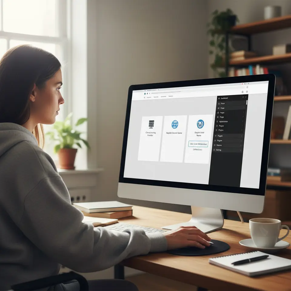 Getting Started with WordPress: An illustration showing a user picking a hosting provider, registering a domain, clicking the one-click installer (e.g. Softaculous), and then viewing the WordPress dashboard sidebar (Posts, Pages, Appearance, Plugins, Settings)