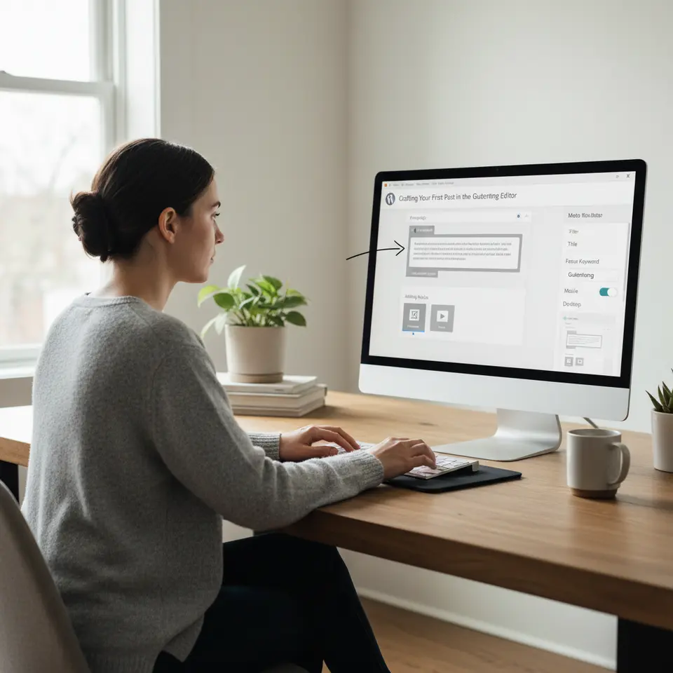Crafting Your First Post in the Gutenberg Editor: A vibrant depiction of the block-based interface with draggable paragraph, heading, image and video blocks, meta-data fields (title, focus keyword), and a mobile/desktop preview pane