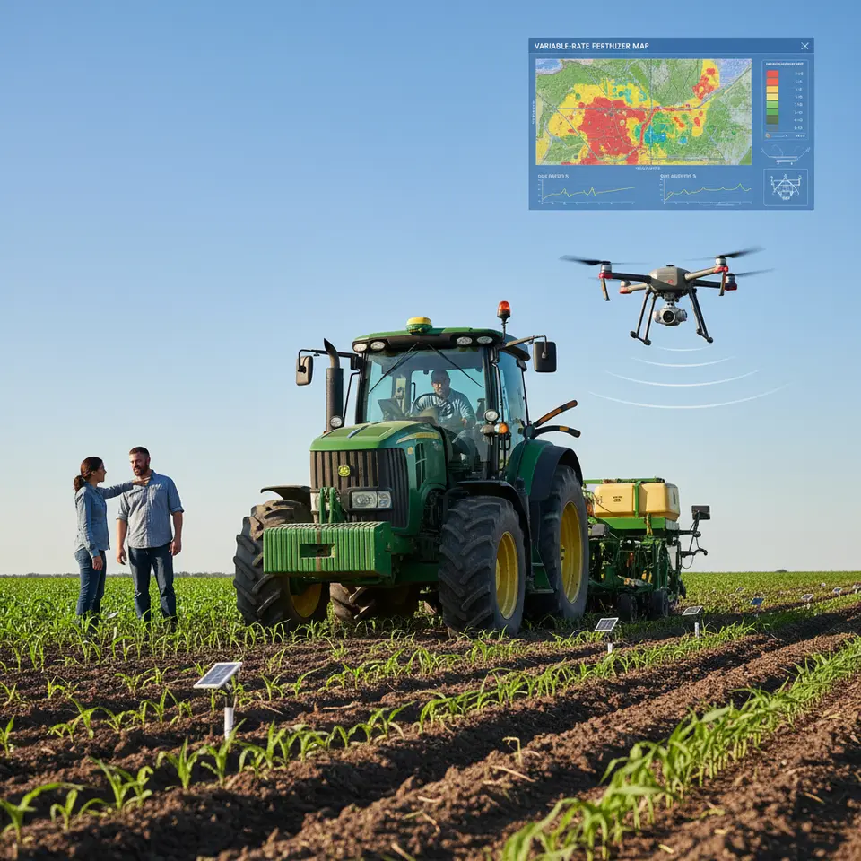 Precision agriculture field scene: a GPS-guided tractor working alongside an autonomous drone with multispectral cameras scanning crops; visible sensor nodes in soil measuring moisture, and an overlaid digital dashboard displaying variable-rate fertilizer maps in real time.