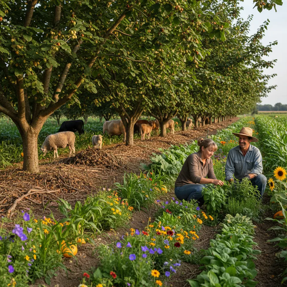 Agroforestry system in action: alternating rows of mature nut trees (hazelnut or walnut) and lush annual crops, with grazing livestock sheltering under the tree canopy; leaf litter cycling nutrients back into the soil and pollinators buzzing among intercropped flowers.