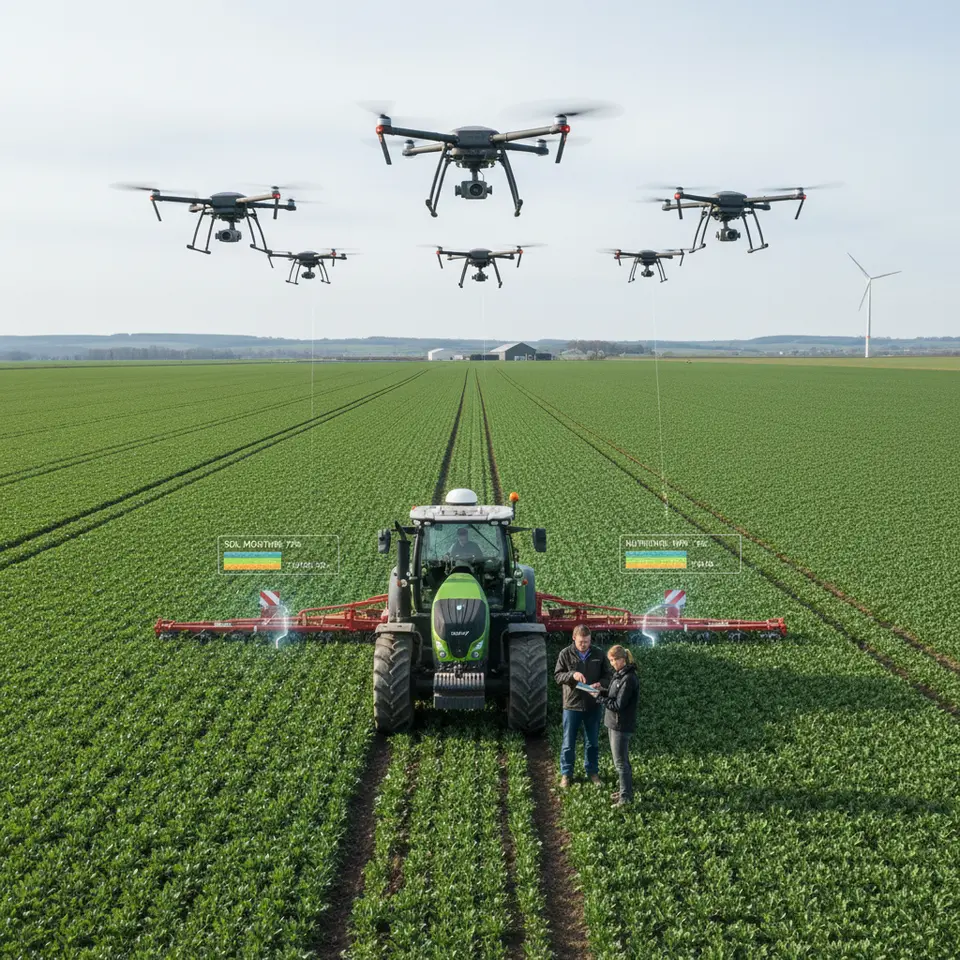 A high-tech farm landscape at sowing time: drones flying overhead with multispectral cameras scanning vibrant green fields, GPS-equipped tractors mapping soil variability, and buried IoT sensors showing live soil-moisture and nutrient data in digital overlays.