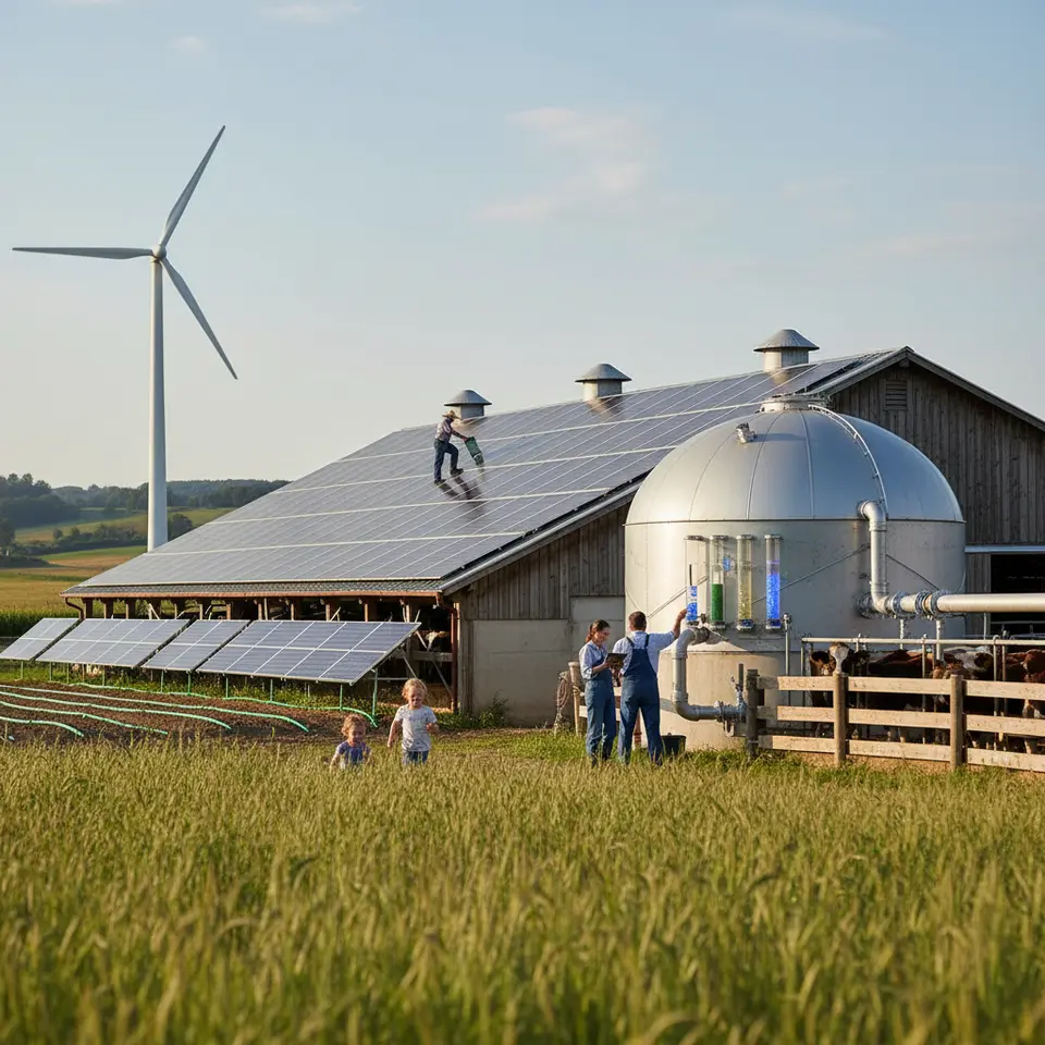A sustainable farm energy hub: solar panels installed on barn roofs and above irrigation lines, a slender wind turbine turning in the breeze, and a biogas digester unit connected to a livestock pen, with pipes and gauges indicating methane conversion to electricity.