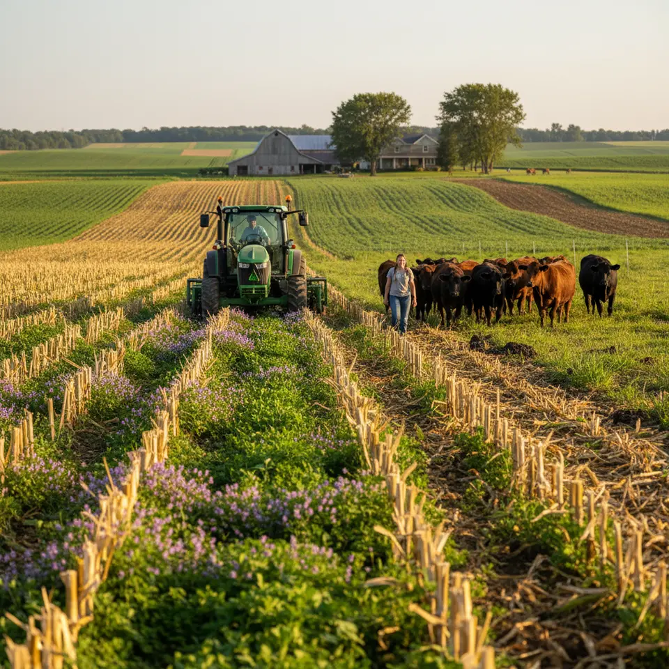 A regenerative farm landscape showcasing no-till fields covered with vibrant cover crops like clover and vetch, a low-disturbance planter rolling through crop residue, and adjacent rotational grazing paddocks with cattle returning nutrients, illustrating holistic soil-building practices