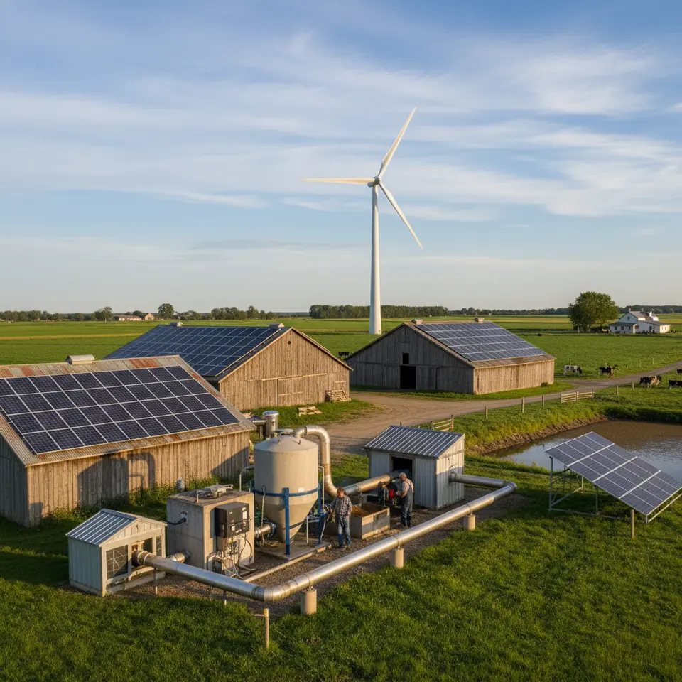 A diversified renewable energy setup on a working farm: solar panels arrayed on barn roofs and ground mounts, a slender wind turbine spinning nearby, and a compact anaerobic digester unit processing livestock manure into biogas, with pipes feeding a generator, highlighting integrated clean-energy solutions