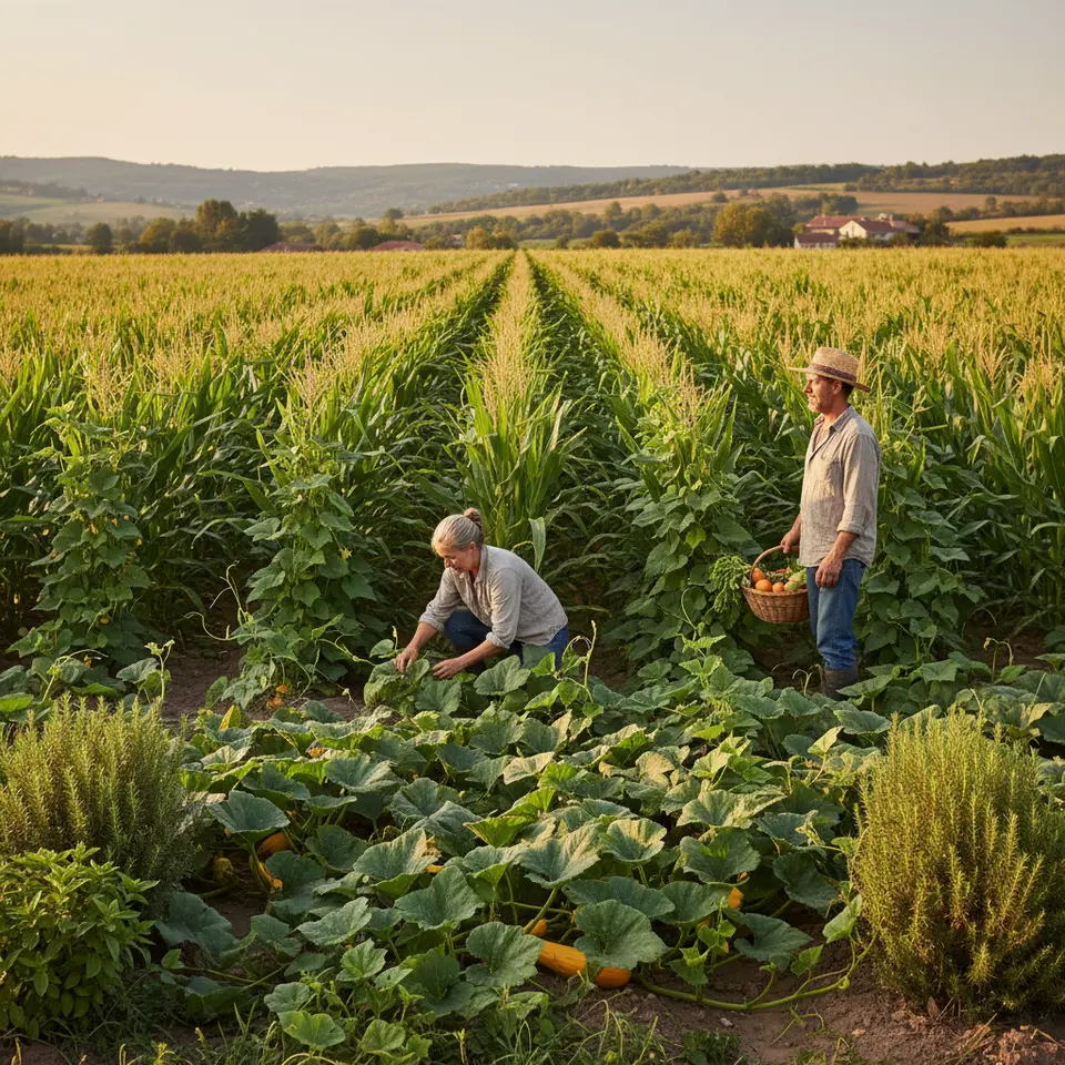 Intercropping Systems: a vibrant farm scene showing tall maize stalks with climbing bean vines winding up the stems, low-growing squash plants filling in the rows, and aromatic herbs at the edges—illustrating a layered polyculture that maximizes space, light, and biodiversity