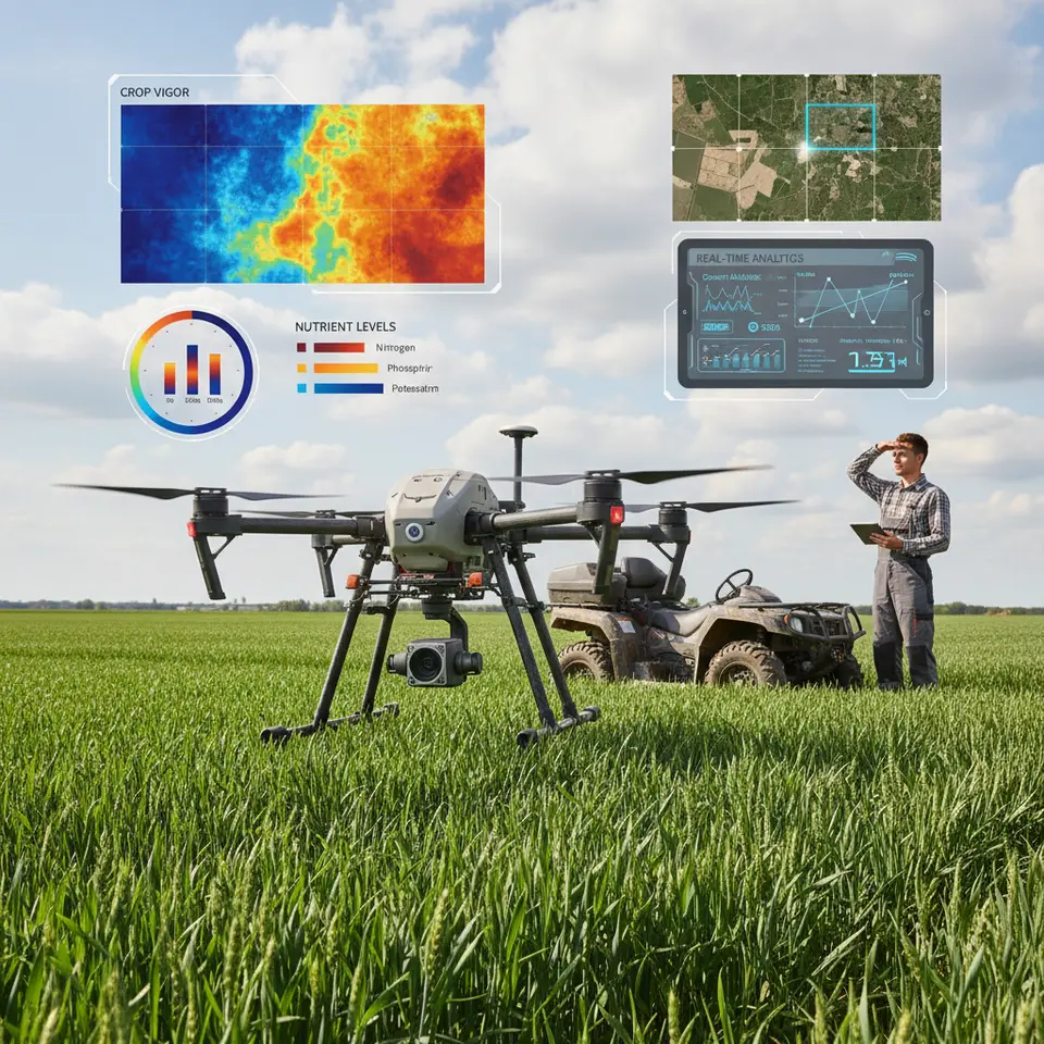 Remote Sensing with Drones and Satellites: an agricultural drone hovering above a green field, its multispectral camera capturing imagery; overlay graphics show heatmaps of crop vigor and nutrient levels, with a background of satellite tiles and a digital dashboard displaying real-time analytics